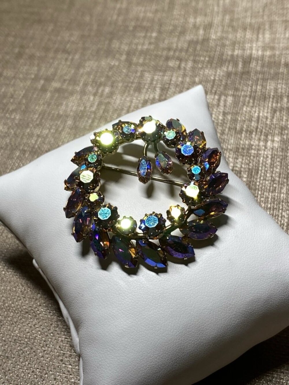 Vintage Signed Sherman AB Rhinestone Wreath Brooch Purple Gold Tone